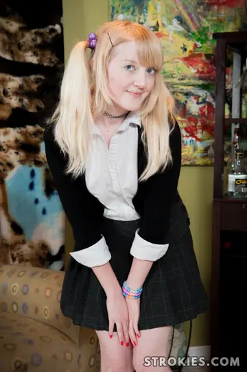 Krystal Orchid – Skinny Blonde in a Skirt and Socks Strips and Gives a Handjob