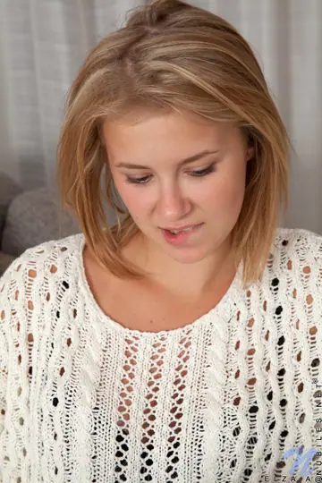Casey Nohrman – Skinny Blonde in a Skirt Fondles Her Tits and Spreads on the Sofa