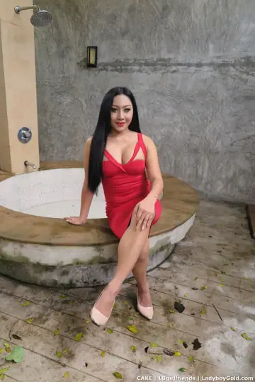 Trans Woman with Big Tits Strips Off Her Red Dress Outdoors