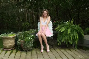 Addee Kate – Skinny Babe Lifts Her Skirt and Spreads on the Balcony Chair