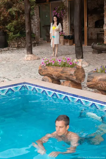 Elley Ray – Brunette in Panties Rides Him by the Pool with Hairy Pussy