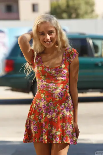 Naomi Woods – Skinny Blonde Strips Out of Her Dress in the Forest