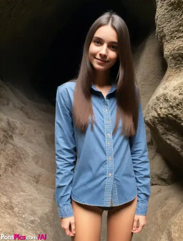Petite Slim Brunette Strips in a Cave and Spreads Outdoors