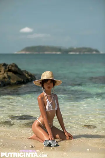 Petite Asian Brunette in Glasses Strips Out of Her Bikini on the Beach
