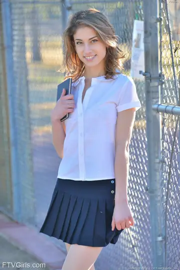 Kristen Scott – Skinny Brunette Flashes Panties in Uniform Outdoors