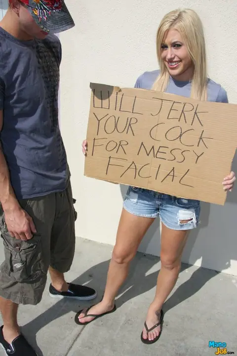Megan Moore: Petite Blonde Jerks Big Cock to a Facial in Public – photo 1 of 16