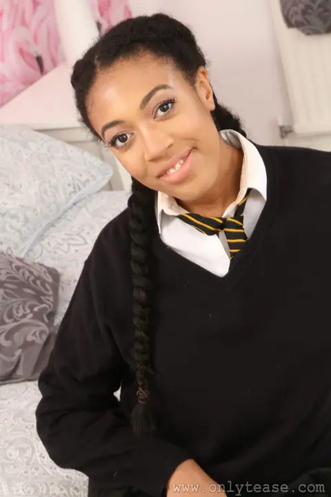 Naomi Alicia: Ebony Babe in Uniform Shows Her Big Natural Tits and Grey Pantyhose – photo 3 of 21