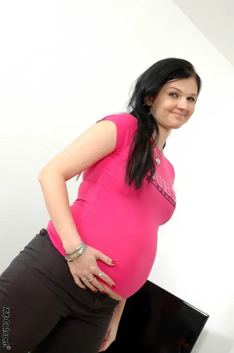 Megan Smith: Pregnant Brunette with Big Tits Pulls Panties Aside and Spreads – photo 2 of 21