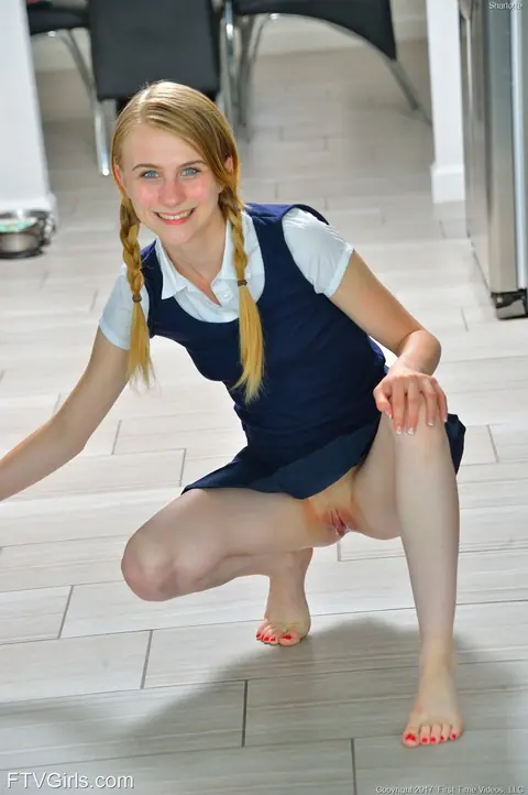 Charlotte Carmen: Petite Blonde in a Uniform Strips and Spreads Outdoors – photo 12 of 20
