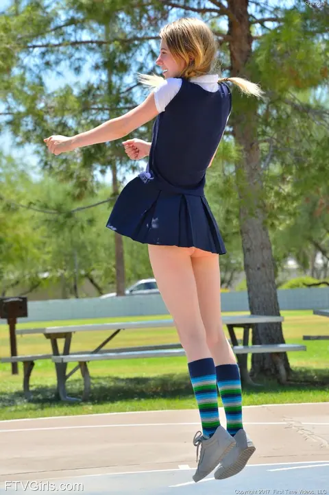 Charlotte Carmen: Petite Blonde in a Uniform Strips and Spreads Outdoors – photo 2 of 20