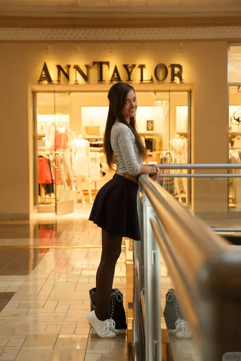 Gia Paige: Petite Brunette Shows Her Tits and Ass in Pantyhose at the Mall – photo 3 of 11