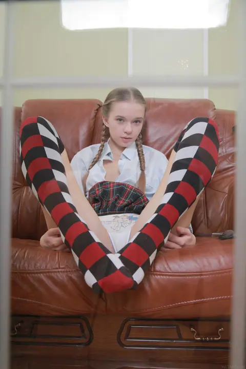 Milena D: Ukrainian Blonde in Pigtails Spreads Her Hairy Pussy on the Sofa – photo 5 of 20