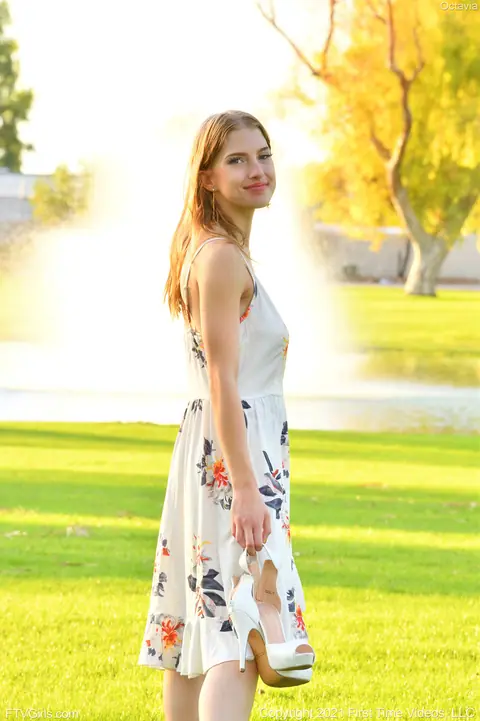 Octavia Red: Slim Blonde Amateur Flashes Her Big Tits Outdoors in a Skirt – photo 10 of 20