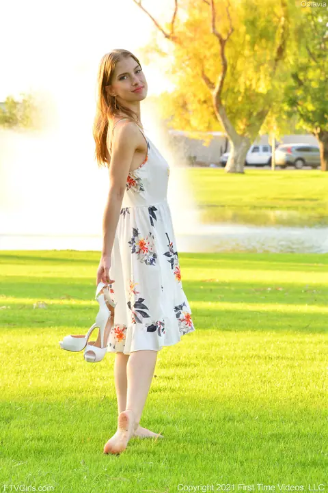 Octavia Red: Slim Blonde Amateur Flashes Her Big Tits Outdoors in a Skirt – photo 9 of 20