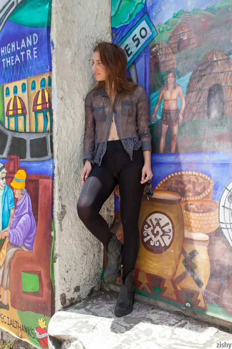 Koya Ward: Slim Brunette Stretches Outdoors in Shiny Pantyhose and Boots – photo 1 of 11