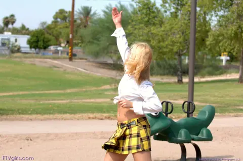 Tall Blonde in Uniform Strips and Toys Her Pussy Outdoors – photo 9 of 20