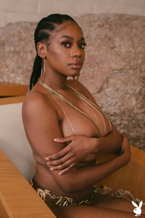 Ebony Babe with Big Tits Strips in Glasses Showing Her Hairy Pussy – photo 6 of 20