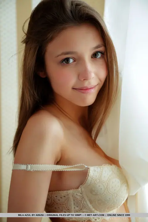 Mila Azul: Slim European Brunette Strips and Spreads Her Shaved Pussy – photo 1 of 18