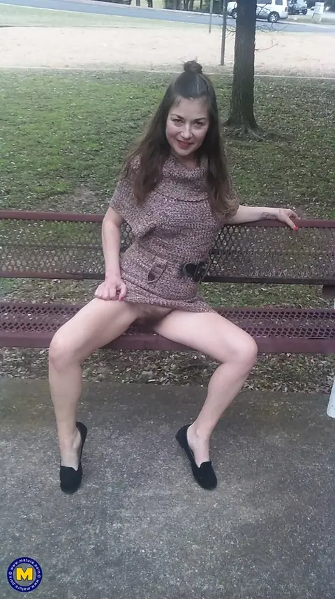Olivia Johnson: European Brunette MILF Spreads Her Hairy Pussy Outdoors – photo 7 of 11
