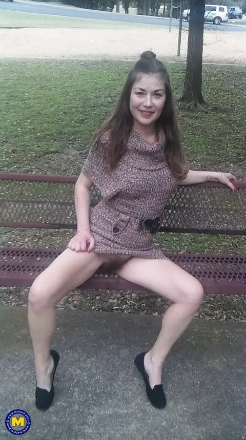 Olivia Johnson: European Brunette MILF Spreads Her Hairy Pussy Outdoors – photo 8 of 11