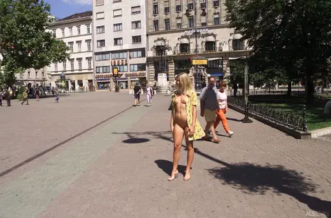 Petite European Blonde Sheds Her Dress and Flashes Outdoors – photo 12 of 20