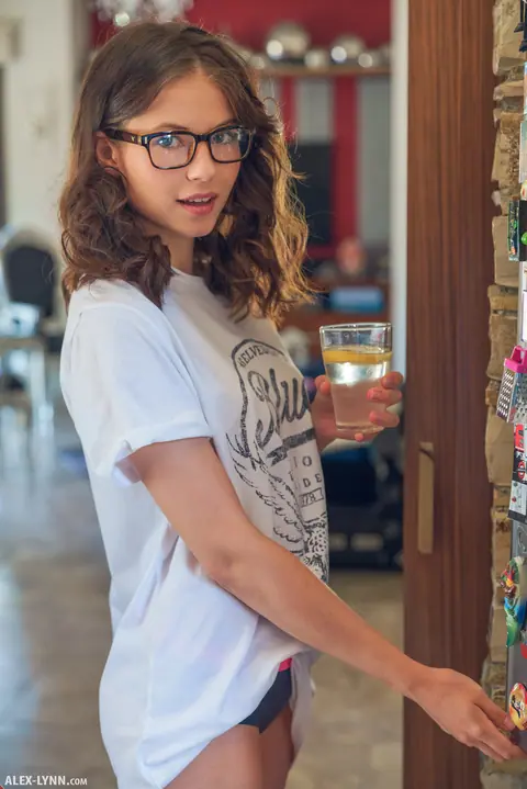 Brunette with Glasses Spreads Her Shaved Pussy in the Kitchen – photo 2 of 16