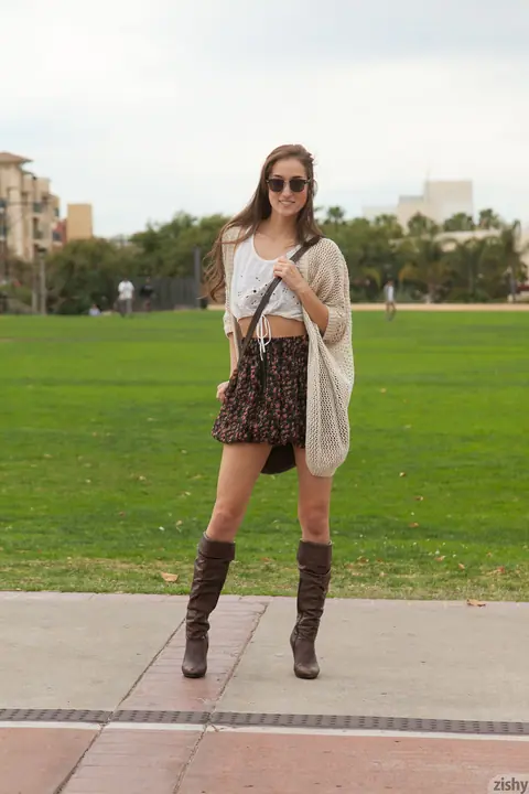 Carlee Delima: Petite Brunette in Stockings and Boots Spreads Outdoors – photo 1 of 11