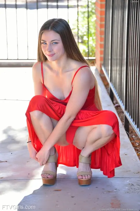 Carmen Spears: Tall Brunette Spreads Outdoors in a Red Dress – photo 3 of 20