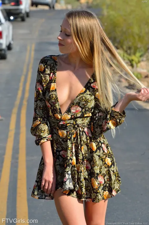 Riley Anne: Slim Blonde in a Dress Masturbates on a Public Road – photo 6 of 20