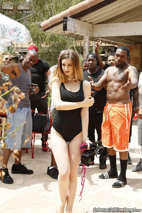 Stella Cox: Busty Brunette in a Bikini Kneels for Interracial Blowbang – photo 8 of 20