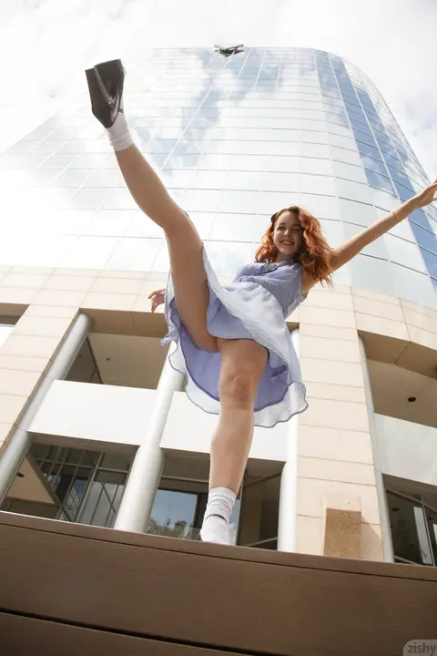 Amarna Miller: Spanish Redhead Flashes Her Hairy Pussy Outdoors in Panties and Socks – photo 3 of 11